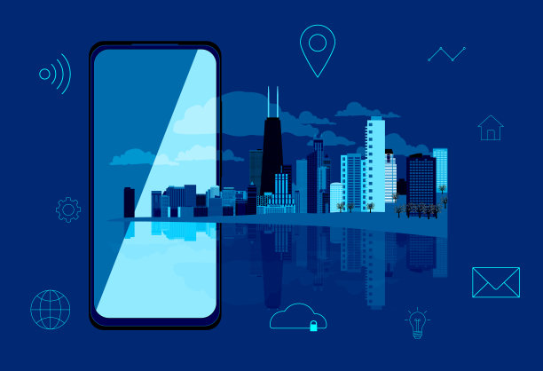 智慧城市或位置概念。现代城市在智能手机与图标的黑色背景。矢量插图EPS10图片下载