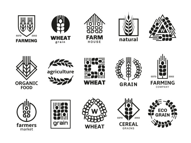 收获标志与小麦穗。麦芽，大米标志设计，天然谷物和烘焙公司的标志模板。优质大麦，农业矢量图整齐图片下载