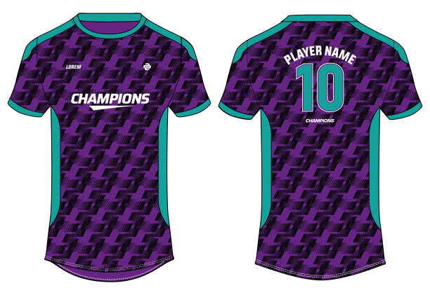 运动球衣设计平面素描插画，半色调抽象印刷圆领足球球衣概念与正面和背面视图板球，足球，排球和羽毛球制服套件图片下载