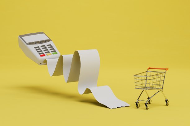 通过终端支付货款。终端与一个长收据和购物车的产品。三维渲染图片下载
