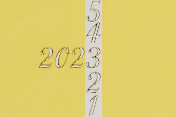 2023年的开始。金色数字2023在黄色背景与白色条纹的数字。三维渲染图片下载