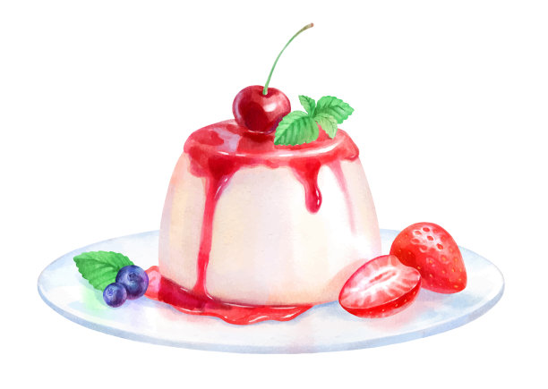 盘子上的意式奶冻甜点水彩画插图图片下载