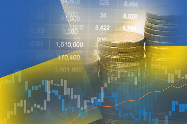 股票市场投资交易金融，硬币和乌克兰国旗或外汇为分析利润金融业务趋势数据背景。图片下载