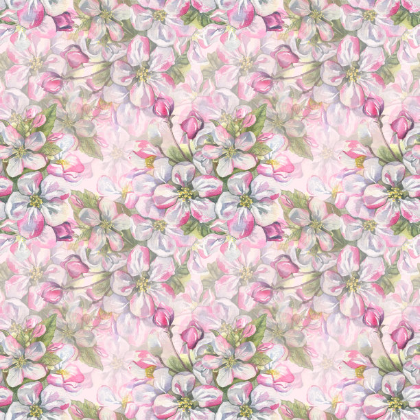 水彩插画是一种无缝模式的开花果树和园艺工具。一套清新美丽的春花套装。用于设计，纺织品和墙纸。图片下载