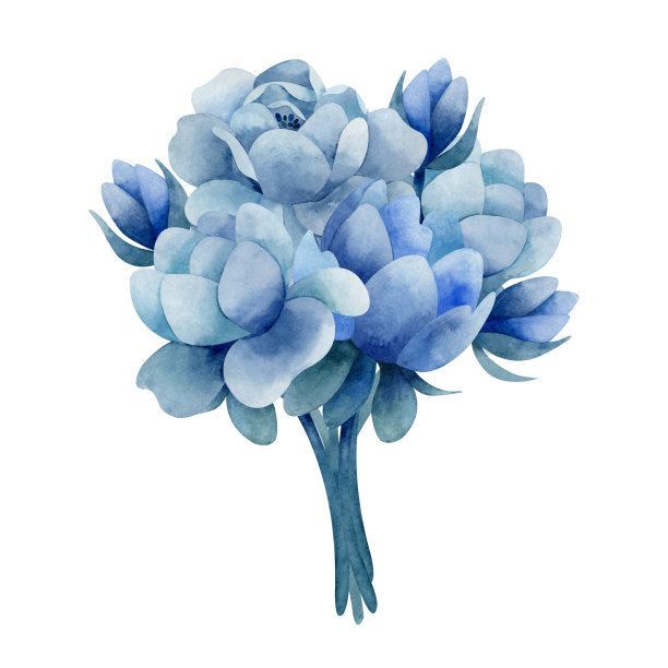 水彩构图与柔和的蓝色玫瑰和牡丹。手绘花束与靛蓝花安排。花卉剪纸艺术。植物插图。图片下载