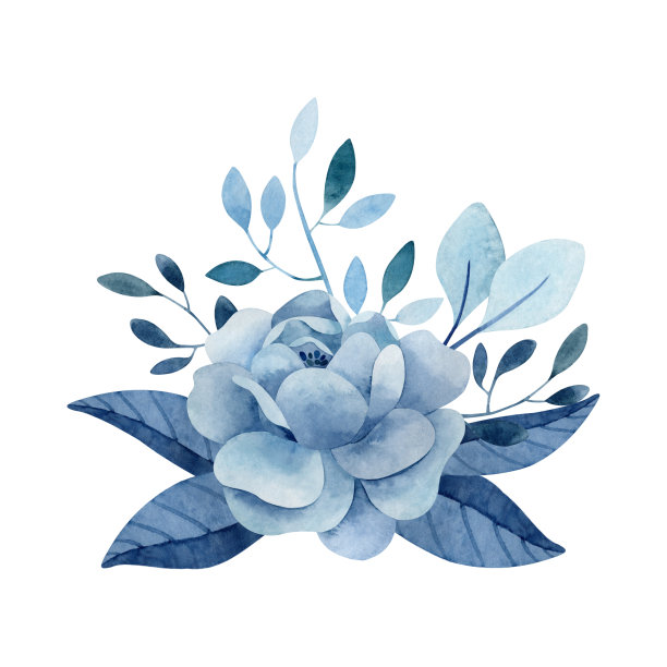 用靛蓝色的树枝、树叶和花朵组成水彩画。手绘花束排列。花卉剪纸艺术。图片下载