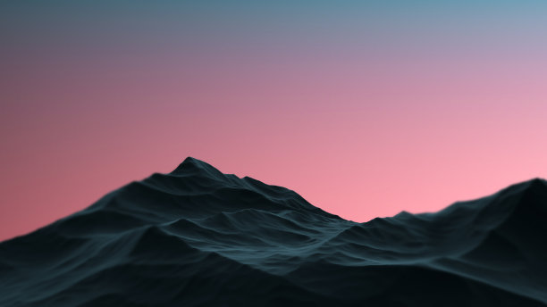 山上的雾在黎明带着红光。抽象的山地景观。3 d渲染。图片下载