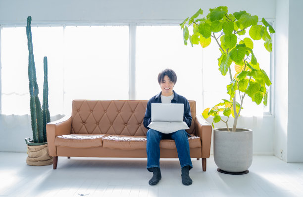 一个20多岁的男人坐在客厅的沙发上，用笔记本电脑工作，放松着图片下载