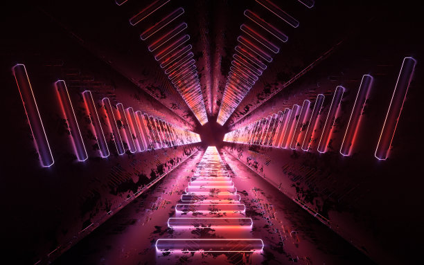 黑暗隧道与发光的霓虹灯线，3d渲染。图片下载