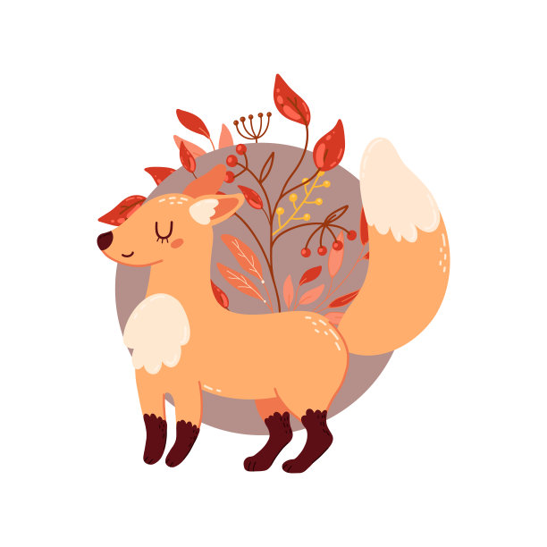 手绘卡通风格的矢量图像的一个可爱的狐狸闭着眼睛与秋天的树枝和树叶的背景图片下载