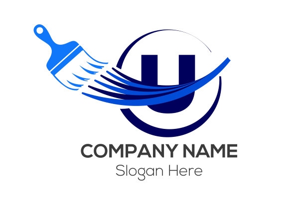 在字母U模板上刷上标志。在U字母上油漆，初始油漆标识概念图片下载