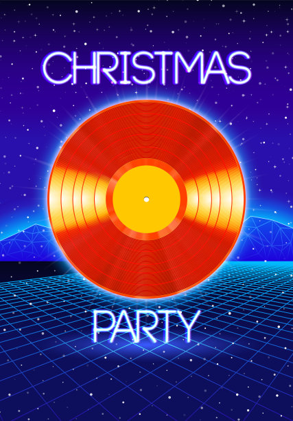 圣诞派对邀请海报或传单与80年代霓虹风格和黑胶唱片dj图片下载