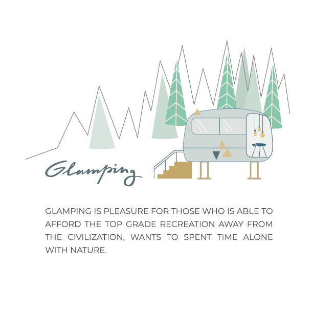 豪华野营屋、房车为方便的野营旅行矢量插画。小屋住在野外，松林。可用于网页、传单。图片下载