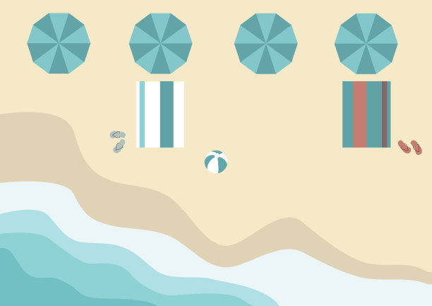 沙滩上有沙滩伞和沙滩毛巾，沙滩排球和拖鞋图片下载