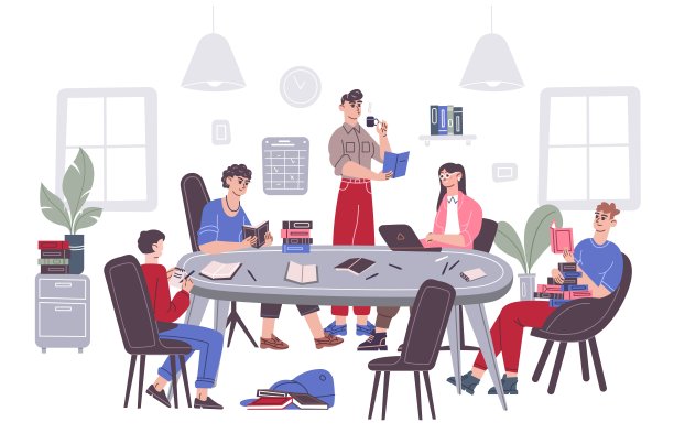 学生一起工作。学生小组学习学校作业，在图书馆教室或家里的桌子上讨论项目，在笔记本电脑上远程学习，最近矢量插图图片下载