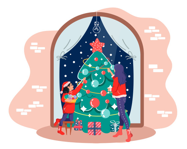 妈妈和女儿一起用圣诞球、花环和小饰品装饰圣诞树图片下载