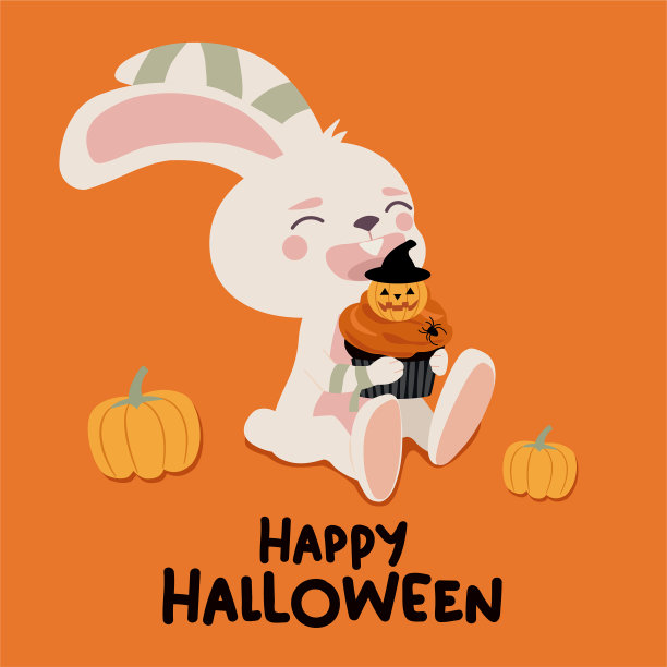 有兔子，小蛋糕和南瓜的万圣节卡片。矢量插图。图片下载