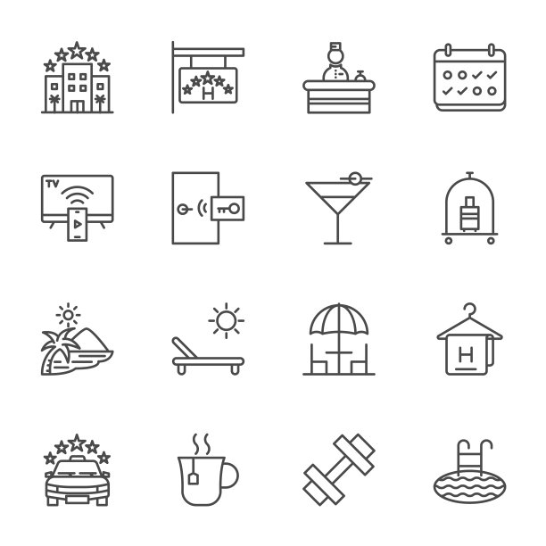 酒店服务，简单的细线酒店图标设置，矢量图标设计图片下载