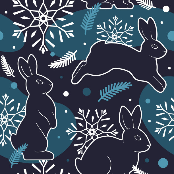 兔子、雪花和云杉树枝的黑色无缝图案。冬季矢量现代插画。用于包装纸、织物和墙纸。图片下载