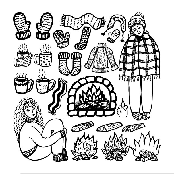 用壁炉、暖和的衣服和热茶来驱寒。一套黑白涂鸦画图片下载