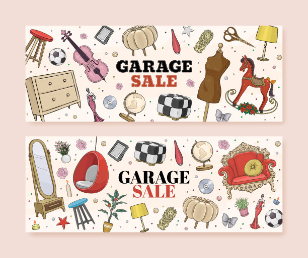 一套车库出售概念插图。车库促销销售横向横幅与手绘家具和古董配件图片下载