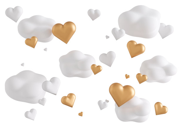 白色背景上的白色和金色的心和云。情人节，婚礼，周年纪念日。生日，庆祝，元素的问候，事件卡。母亲的一天。剪下。爱。3 d渲染。图片下载