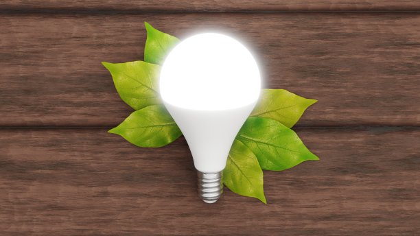 木质桌子上LED灯泡的3d效果图，周围有树叶，可持续能源。图片下载