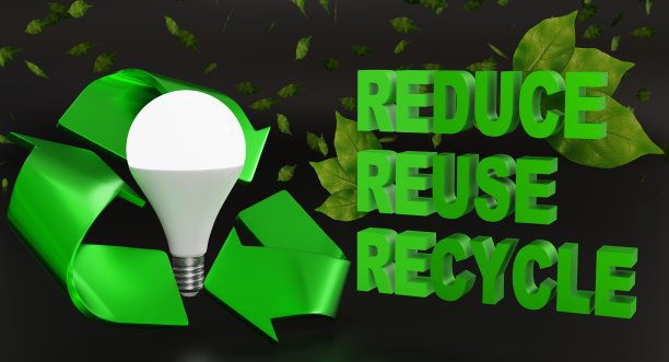 LED灯泡的3d渲染图，周围有绿色的回收符号，绿色的3d字母写着“减少”，“再利用”和“回收”，后面有树叶和更多的背景。图片下载
