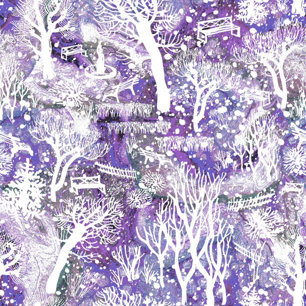 雪森林与树木剪影在紫罗兰色调无缝模式图片下载