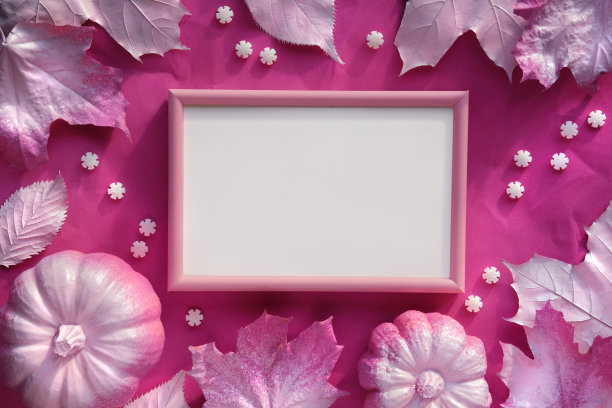 秋天品红色的画框，画着枫叶、南瓜和一排排的糖屑。充满活力的单色季节性装饰。图片下载