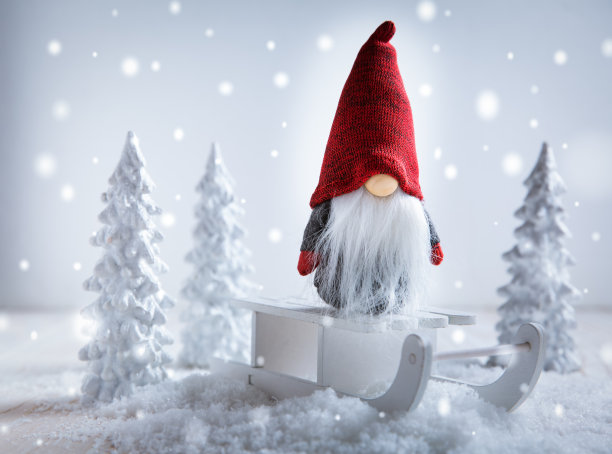 可爱的圣诞侏儒坐在雪橇上，冬天的国家有白色的树图片下载