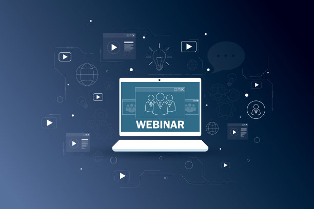 在线研讨会概念与网络研讨会标志在图形笔记本电脑屏幕上蓝色背景与社交媒体图标。三维渲染图片下载
