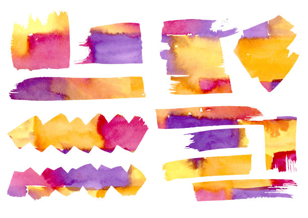 水彩艺术写意画集红、黄、橙、紫、紫的污渍和飞溅。水彩框架抽象砖墙纹理元素在白色背景。信息图表，漫画和目录图片下载