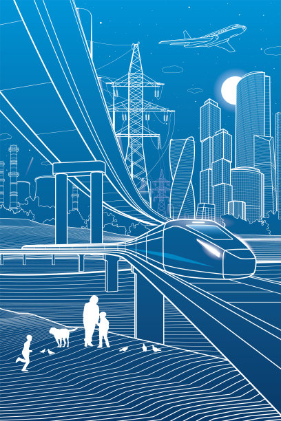 概述城市插图。铁路桥梁。汽车天桥。火车。城市基础设施和交通形象。城市场景。矢量设计艺术。蓝色背景上的白线图片下载