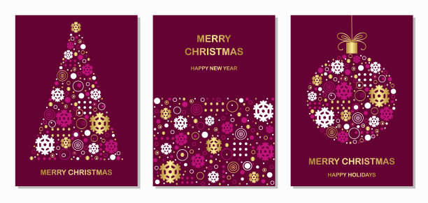 一套节日卡片和邀请与圣诞节和新年在酒红色的背景。模板与圣诞树，雪花，圣诞球和复制空间与黄金元素。图片下载