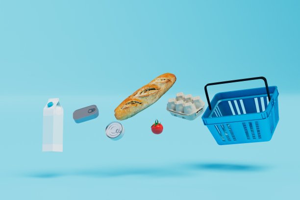 在超市购物。鸡蛋、面包、西红柿、罐头食品、牛奶飞在里面的篮子。三维渲染图片下载