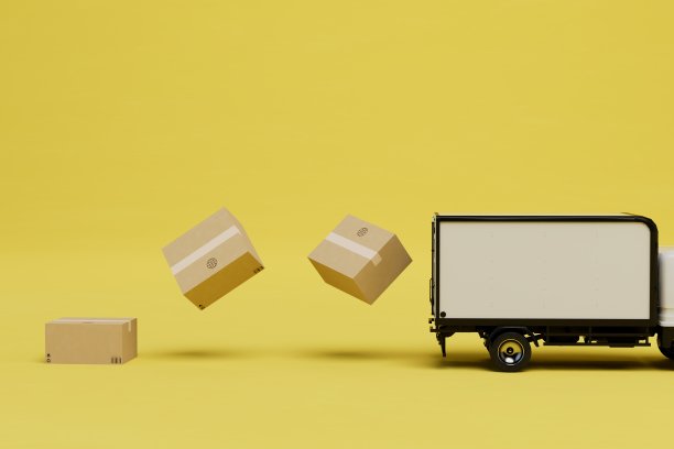 将包裹送到指定地址。装着包裹的盒子和黄色背景的卡车。三维渲染图片下载