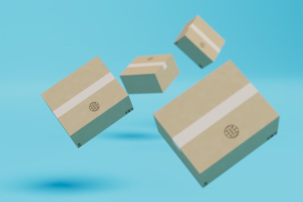 把包裹送到世界各地。蓝色背景下飞来飞去的一盒盒包裹。三维渲染图片下载