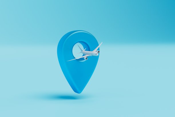 乘飞机到达目的地。在蓝色的背景下，飞机和GPS的点是蓝色的。三维渲染图片下载