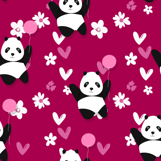 无缝图案与可爱的熊猫宝宝的彩色花卉背景。有趣的亚洲动物。给孩子们的卡片、明信片。平面矢量插图的织物，纺织品，墙纸，海报，礼品包装纸图片下载