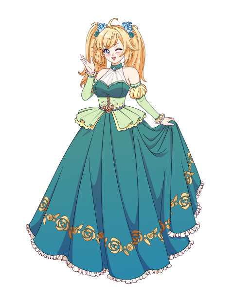 矢量插图的动漫公主站着，抱着裙子。涂色书的轮廓图。图片下载