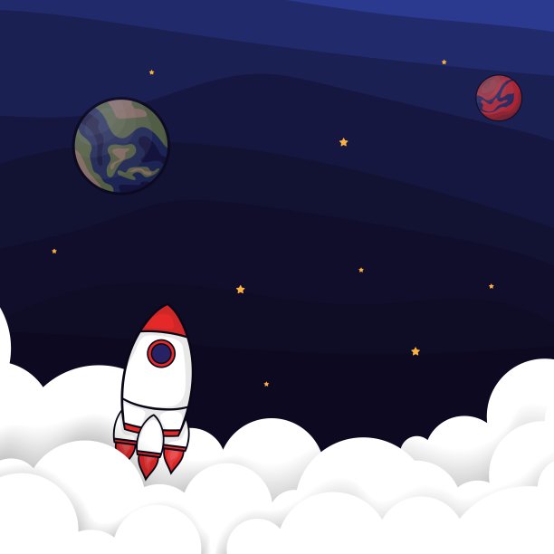 航天飞机飞过云层到达空间的卡通设计为教育背景设计图片下载