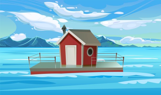 漂浮的房子。水上小庭院住宅。说明向量。图片下载