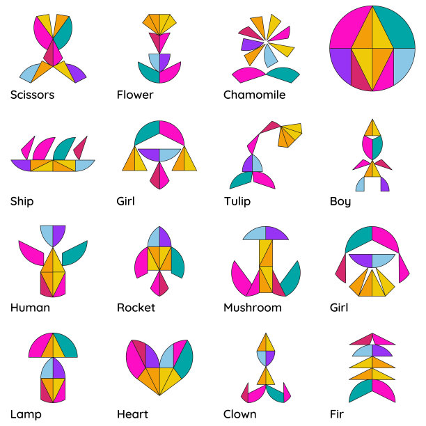 儿童益智游戏《魔法圈》。七巧板。具有不同对象的模式。矢量图图片下载