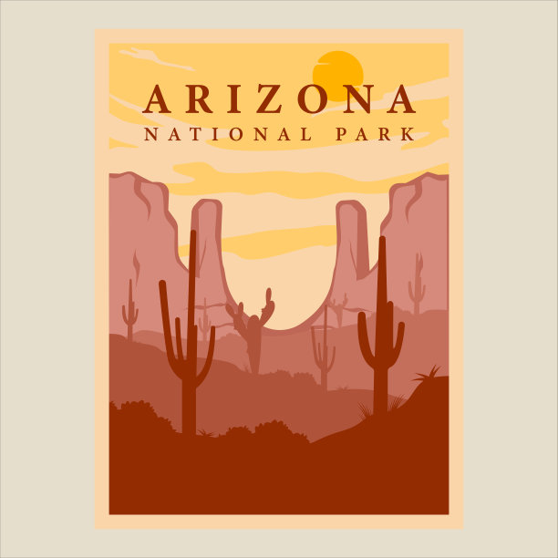 亚利桑那国家公园极简复古海报插画模板平面设计。山区仙人掌沙漠风景，适合商务旅行图片下载