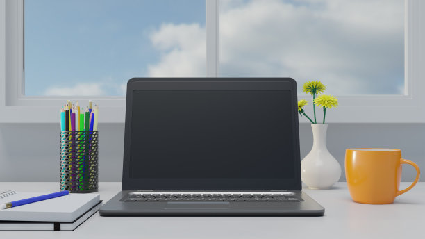 笔记本电脑在桌子桌上家庭办公室的模型图片下载