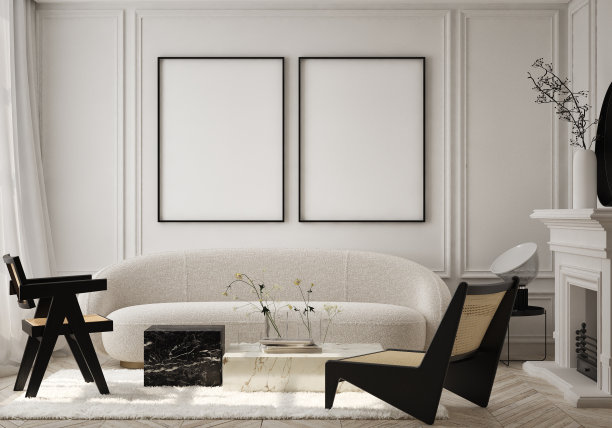模拟海报框架在现代室内背景，客厅，当代风格，3D渲染，3D插画图片下载
