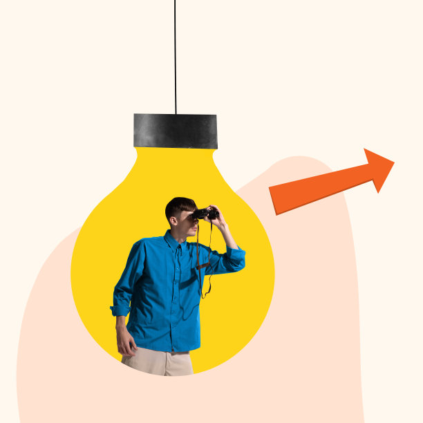 概念上的拼贴画。年轻的商人在寻找新的想法和项目。商业概念，创业，动力，计划，想法。图片下载