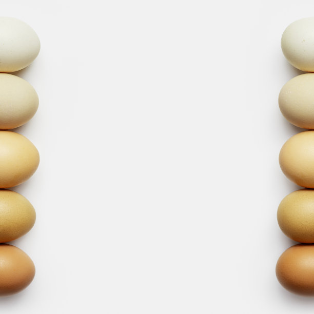 以煮鸡蛋为框架的俯视图。简约风格的照片自然颜色鸡蛋在白色的背景。颜色渐变棕色调。健康蛋白质食品的概念。煎蛋食谱背景，复制空间图片下载