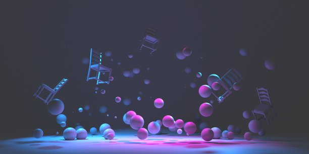 椅子、凳子在深灰色的背景上随意落下、飞翔。工作场所的座椅可以在零重力的情况下悬浮。价格下跌，卖家俱为家。创意广告品牌推广。三维渲染图片下载